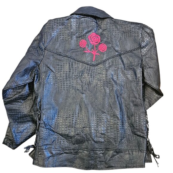 Y2K Black Leather Laceup Jacket Black Embroidered Roses On Back Sz L Biker Goth - Picture 5 of 12